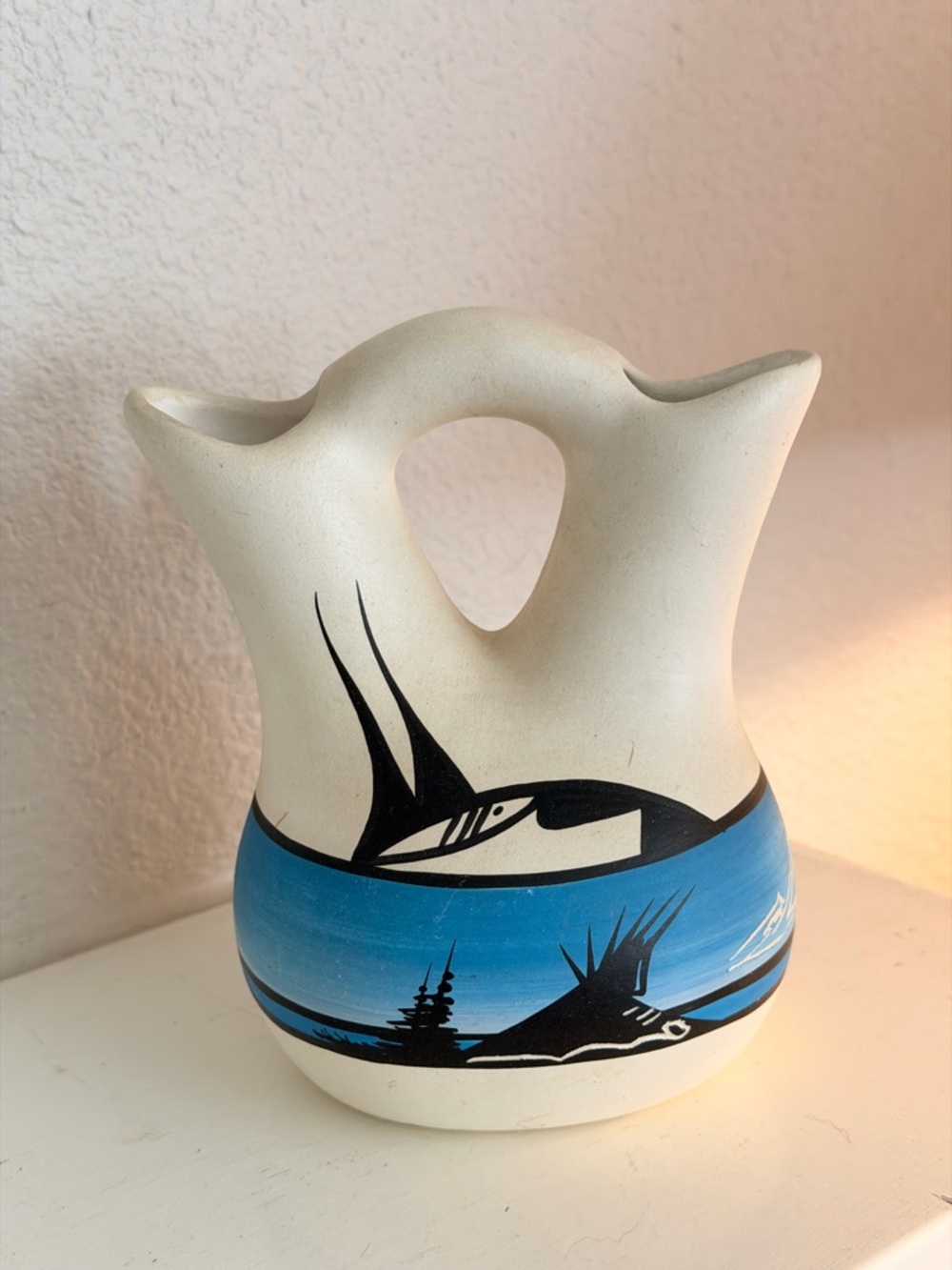 Vintage Acoma Style Wedding Vase Signed Native Pottery Southwest Art Bird